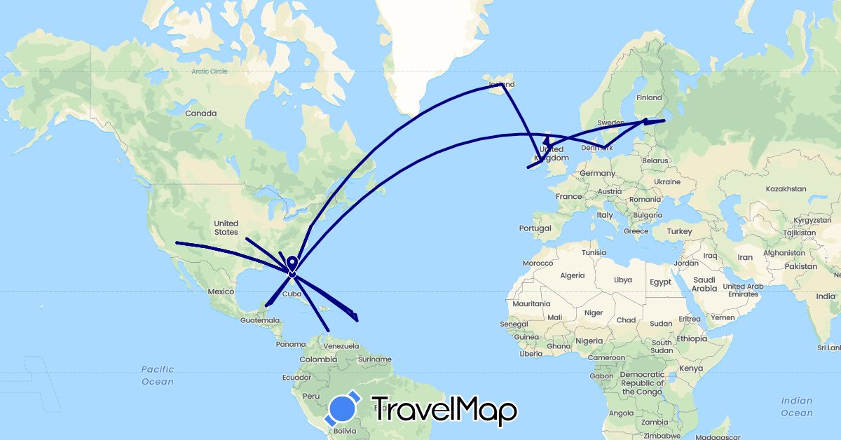TravelMap itinerary: driving in Antigua and Barbuda, Denmark, Dominica, Estonia, Finland, United Kingdom, Ireland, Iceland, Saint Kitts and Nevis, Mexico, Netherlands, Russia, Sweden, United States (Europe, North America)