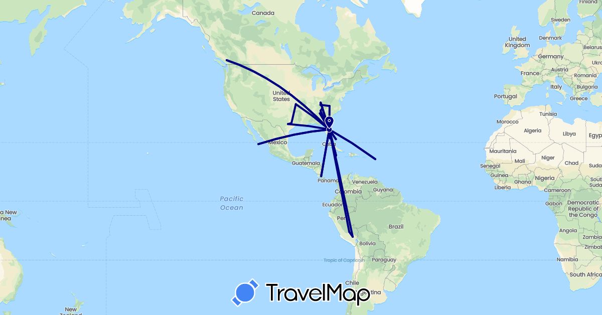 TravelMap itinerary: driving in Antigua and Barbuda, Bahamas, Canada, Costa Rica, Jamaica, Mexico, Peru, United States (North America, South America)