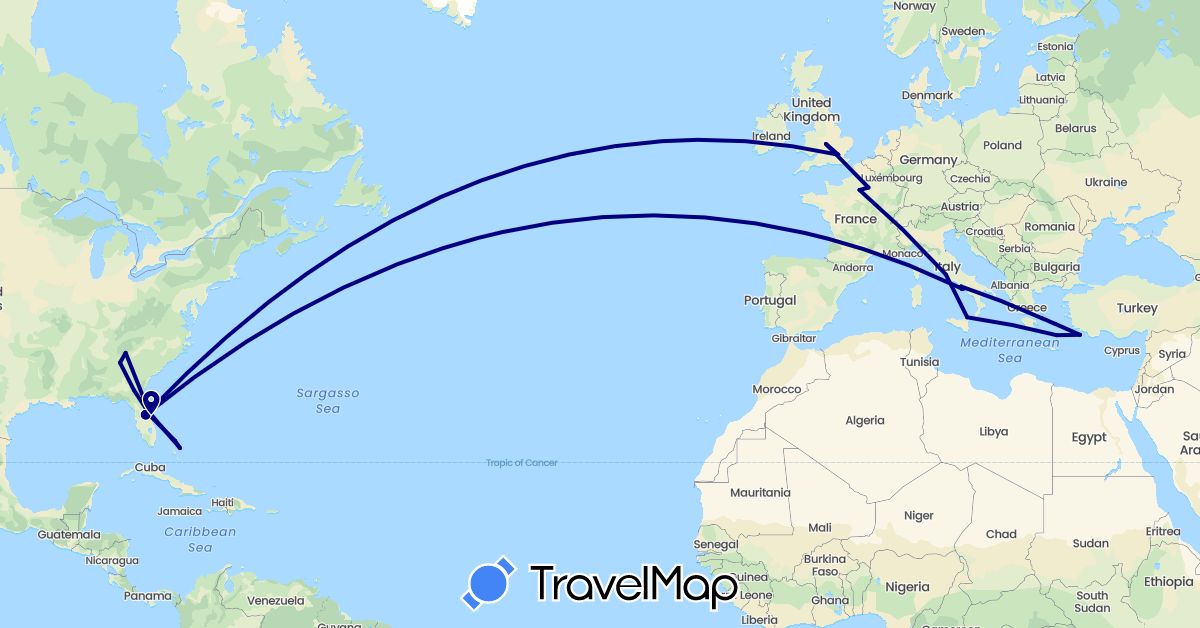 TravelMap itinerary: driving in Bahamas, France, United Kingdom, Greece, Italy, United States (Europe, North America)